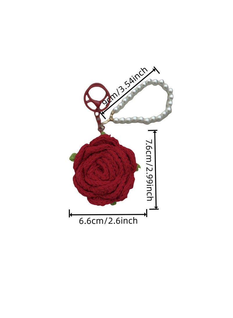 Cute Crochet Rose Keychains Handmade Knitted Flower Keychains With Pearl Chain - Image 2